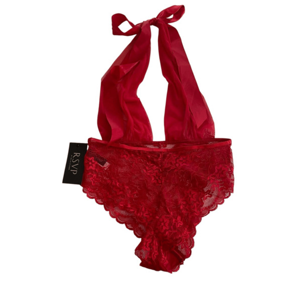 Oh La La Cherie Aria Mesh Plunge Halter Teddy One Size Red - Picture 4 of 5